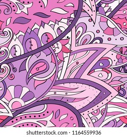 Tracery seamless pattern. Mehndi design. Ethnic colorful doodle texture. Curved doodling background. Vector