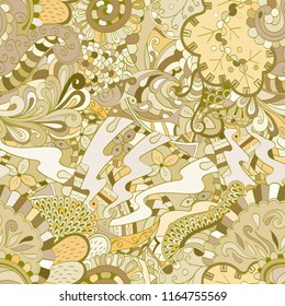 Tracery seamless pattern. Mehndi design. Ethnic colorful doodle texture. Curved doodling background. Vector