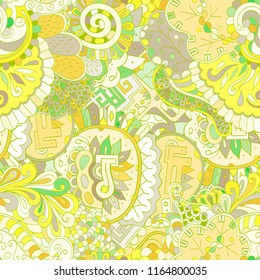Tracery seamless pattern. Mehndi design. Ethnic colorful doodle texture. Curved doodling background. Vector