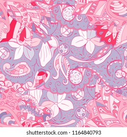 Tracery seamless pattern. Mehndi design. Ethnic colorful doodle texture. Curved doodling background. Vector