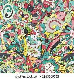 Tracery seamless pattern. Mehndi design. Ethnic colorful doodle texture. Curved doodling background. Vector