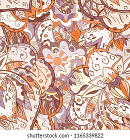 Tracery seamless pattern. Mehndi design. Ethnic colorful doodle texture. Curved doodling background. Vector