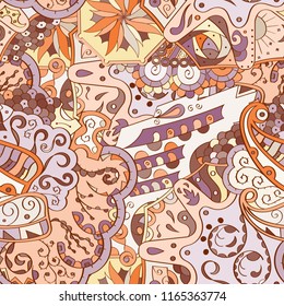 Tracery seamless pattern. Mehndi design. Ethnic colorful doodle texture. Curved doodling background. Vector
