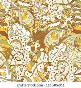 Tracery seamless pattern. Mehndi design. Ethnic colorful doodle texture. Curved doodling background. Vector