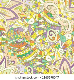 Tracery seamless pattern. Mehndi design. Ethnic colorful doodle texture. Curved doodling background. Vector