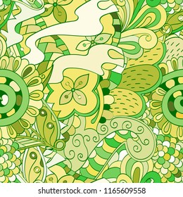 Tracery seamless pattern. Mehndi design. Ethnic colorful doodle texture. Curved doodling background. Vector