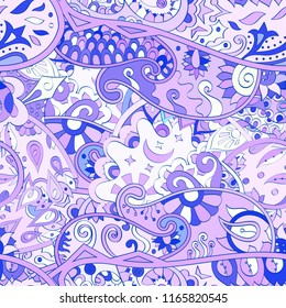 Tracery seamless pattern. Mehndi design. Ethnic colorful doodle texture. Curved doodling background. Vector