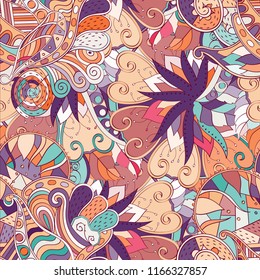 Tracery seamless pattern. Mehndi design. Ethnic colorful doodle texture. Curved doodling background. Vector