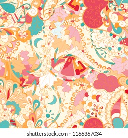 Tracery seamless pattern. Mehndi design. Ethnic colorful doodle texture. Curved doodling background. Vector