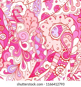 Tracery seamless pattern. Mehndi design. Ethnic colorful doodle texture. Curved doodling background. Vector