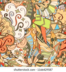 Tracery seamless pattern. Mehndi design. Ethnic colorful doodle texture. Curved doodling background. Vector