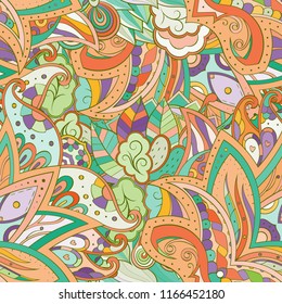 Tracery seamless pattern. Mehndi design. Ethnic colorful doodle texture. Curved doodling background. Vector