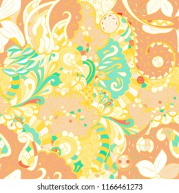 Tracery seamless pattern. Mehndi design. Ethnic colorful doodle texture. Curved doodling background. Vector