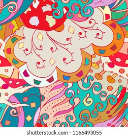 Tracery seamless pattern. Mehndi design. Ethnic colorful doodle texture. Curved doodling background. Vector