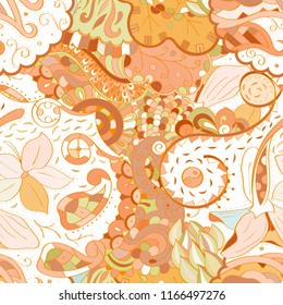 Tracery seamless pattern. Mehndi design. Ethnic colorful doodle texture. Curved doodling background. Vector