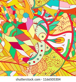 Tracery seamless pattern. Mehndi design. Ethnic colorful doodle texture. Curved doodling background. Vector