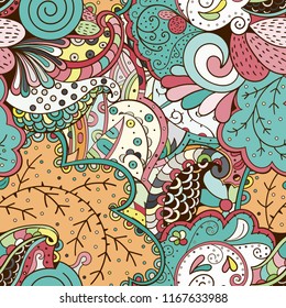 Tracery seamless pattern. Mehndi design. Ethnic colorful doodle texture. Curved doodling background. Vector