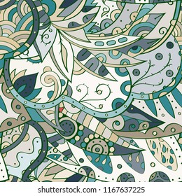 Tracery seamless pattern. Mehndi design. Ethnic colorful doodle texture. Curved doodling background. Vector