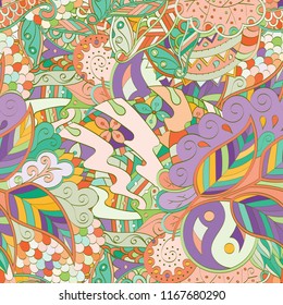 Tracery seamless pattern. Mehndi design. Ethnic colorful doodle texture. Curved doodling background. Vector