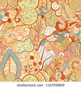 Tracery seamless pattern. Mehndi design. Ethnic colorful doodle texture. Curved doodling background. Vector