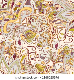 Tracery seamless pattern. Mehndi design. Ethnic colorful doodle texture. Curved doodling background. Vector