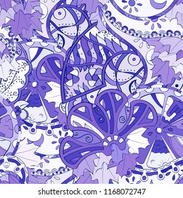 Tracery seamless pattern. Mehndi design. Ethnic colorful doodle texture. Curved doodling background. Vector