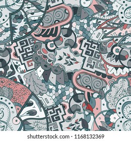Tracery seamless pattern. Mehndi design. Ethnic colorful doodle texture. Curved doodling background. Vector