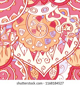 Tracery seamless pattern. Mehndi design. Ethnic colorful doodle texture. Curved doodling background. Vector