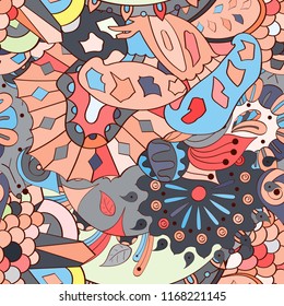Tracery seamless pattern. Mehndi design. Ethnic colorful doodle texture. Curved doodling background. Vector