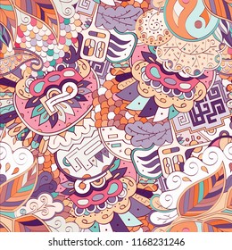Tracery seamless pattern. Mehndi design. Ethnic colorful doodle texture. Curved doodling background. Vector