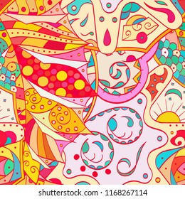 Tracery seamless pattern. Mehndi design. Ethnic colorful doodle texture. Curved doodling background. Vector