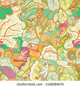 Tracery seamless pattern. Mehndi design. Ethnic colorful doodle texture. Curved doodling background. Vector