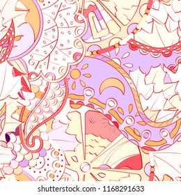 Tracery seamless pattern. Mehndi design. Ethnic colorful doodle texture. Curved doodling background. Vector