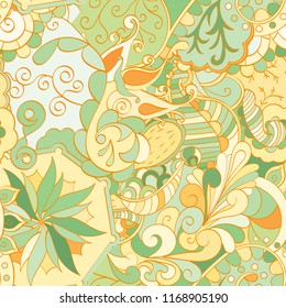 Tracery seamless pattern. Mehndi design. Ethnic colorful doodle texture. Curved doodling background. Vector
