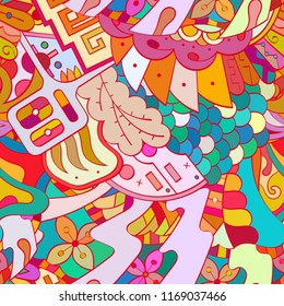 Tracery seamless pattern. Mehndi design. Ethnic colorful doodle texture. Curved doodling background. Vector