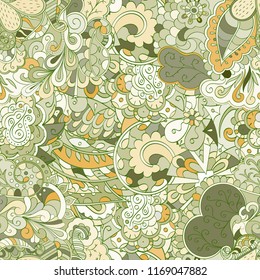 Tracery seamless pattern. Mehndi design. Ethnic colorful doodle texture. Curved doodling background. Vector