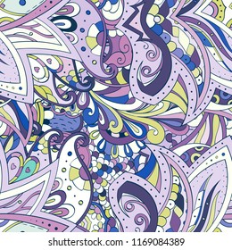 Tracery seamless pattern. Mehndi design. Ethnic colorful doodle texture. Curved doodling background. Vector