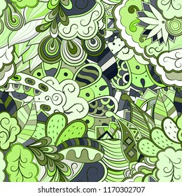Tracery seamless pattern. Mehndi design. Ethnic colorful doodle texture. Curved doodling background. Vector