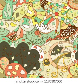 Tracery seamless pattern. Mehndi design. Ethnic colorful doodle texture. Curved doodling background. Vector
