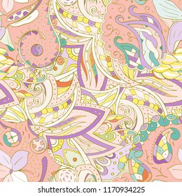 Tracery seamless pattern. Mehndi design. Ethnic colorful doodle texture. Curved doodling background. Vector