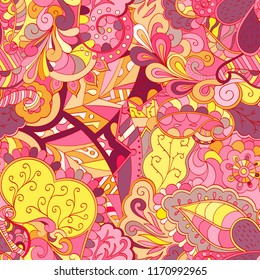 Tracery seamless pattern. Mehndi design. Ethnic colorful doodle texture. Curved doodling background. Vector