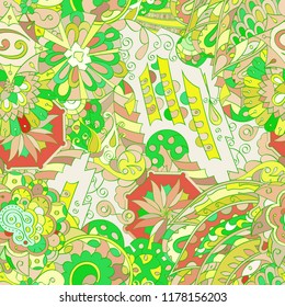 Tracery seamless pattern. Mehndi design. Ethnic colorful doodle texture. Curved doodling background. Vector