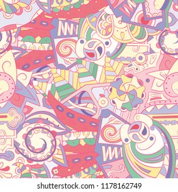 Tracery seamless pattern. Mehndi design. Ethnic colorful doodle texture. Curved doodling background. Vector