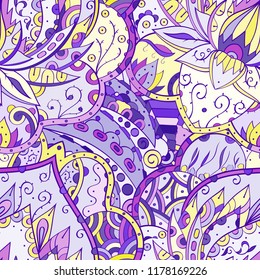 Tracery seamless pattern. Mehndi design. Ethnic colorful doodle texture. Curved doodling background. Vector