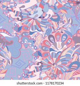 Tracery seamless pattern. Mehndi design. Ethnic colorful doodle texture. Curved doodling background. Vector