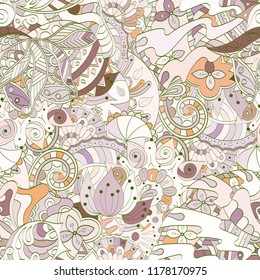 Tracery seamless pattern. Mehndi design. Ethnic colorful doodle texture. Curved doodling background. Vector