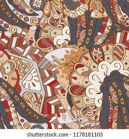 Tracery seamless pattern. Mehndi design. Ethnic colorful doodle texture. Curved doodling background. Vector