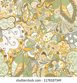 Tracery seamless pattern. Mehndi design. Ethnic colorful doodle texture. Curved doodling background. Vector