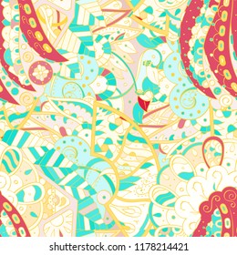 Tracery seamless pattern. Mehndi design. Ethnic colorful doodle texture. Curved doodling background. Vector