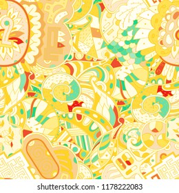 Tracery seamless pattern. Mehndi design. Ethnic colorful doodle texture. Curved doodling background. Vector